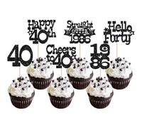 Ephlyn 30Pcs Straight Outta 1986 Cupcake Toppers Glitter Forty Happy 40th Birthday Cupcake Picks Cheers to 40 Years Cake Decorations for Happy 40th Birthday Anniversary Party Supplies Black