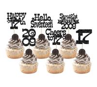 Ephlyn 30Pcs Straight Outta 2009 Cupcake Toppers Glitter Seventeen Happy 17th Birthday Cupcake Picks Cheers to 17 Years Cake Decorations for 17th Birthday Anniversary Party Supplies Black