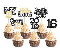 Ephlyn 30Pcs Straight Outta 2010 Cupcake Toppers Glitter Sixteen Happy 16th Birthday Cupcake Picks Cheers to 16 Years Cake Decorations for 16th Birthday Anniversary Party Supplies Black Gold