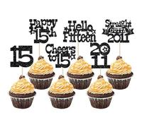 Ephlyn 30Pcs Straight Outta 2011 Cupcake Toppers Glitter Fifteen Happy 15th Birthday Cupcake Picks Cheers to 15 Years Cake Decorations for 15th Birthday Anniversary Party Supplies Black