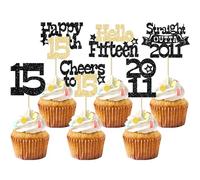 Ephlyn 30Pcs Straight Outta 2011 Cupcake Toppers Glitter Fifteen Happy 15th Birthday Cupcake Picks Cheers to 15 Years Cake Decorations for 15th Birthday Anniversary Party Supplies Black Gold