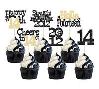 Ephlyn 30Pcs Straight Outta 2012 Cupcake Toppers Glitter Fourteen Happy 14th Birthday Cupcake Picks Cheers to 14 Years Cake Decorations for 14th Birthday Anniversary Party Supplies Black Gold