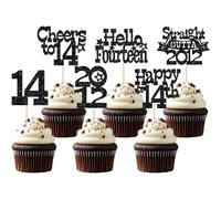 Ephlyn 30Pcs Straight Outta 2012 Cupcake Toppers Glitter Fourteen Happy 14th Birthday Cupcake Picks Cheers to 14 Years Cake Decorations for 14th Birthday Anniversary Party Supplies Black