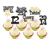 Ephlyn 30Pcs Straight Outta 2014 Cupcake Toppers Glitter Twelve Happy 12th Birthday Cupcake Picks Cheers to 12 Years Cake Decorations for 12th Birthday Party Supplies Black Gold