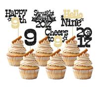 Ephlyn 30Pcs Straight Outta 2017 Cupcake Toppers Glitter Hello Nine Happy 9th Birthday Cupcake Picks Cheers to 9 Years Cake Decorations for 9th Birthday Party Supplies Black Gold