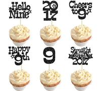 Ephlyn 30Pcs Straight Outta 2017 Cupcake Toppers Glitter Hello Nine Happy 9th Birthday Cupcake Picks Cheers to 9 Years Cake Decorations for 9th Birthday Party Supplies Black