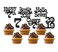 Ephlyn 30Pcs Straight Outta 2019 Cupcake Toppers Glitter Hello Seven Happy 7th Birthday Cupcake Picks Cheers to 7 Years Cake Decorations for 7th Birthday Party Supplies Black