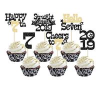 Ephlyn 30Pcs Straight Outta 2019 Cupcake Toppers Glitter Hello Seven Happy 7th Birthday Cupcake Picks Cheers to 7 Years Cake Decorations for 7th Birthday Party Supplies Black Gold