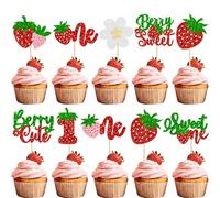 Ephlyn 30Pcs Sweet One Strawberry Cupcake Toppers Glitter Sweet Berry 1st Birthday Cupcake Picks Strawberry Birthday Cake Decorations for Baby Shower Kids First Birthday Party Supplies Red Green