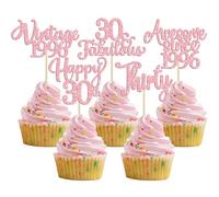Ephlyn 30Pcs Vintage 1996 Cupcake Toppers Glitter Thirty Happy 30th Birthday 30 Fabulous Cupcake Picks Cheers to 30 Years for 30th Birthday Wedding Anniversary Party Cake Decorations Supplies Pink
