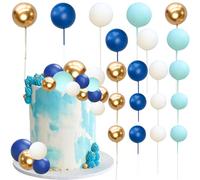 Ephlyn 32Pcs Ball Cake Topper Foam & Wire Decorations Mini Balloons Cake Topper Sticks for Wedding Party Birthday Cake Decorating Blue White Gold