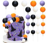 Ephlyn 32Pcs Ball Cake Topper Foam & Wire Decorations Mini Balloons Cake Topper Sticks for Wedding Party Birthday Cake Decorating Black White Purple Orange
