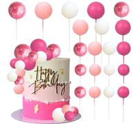 Ephlyn 32Pcs Colorful Ball Shaped Cake Topper Pearl Balls Cupcake Cake Insert Topper for Birthday Party Wedding Decoration Supplies White Pink Rose Red