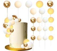 Ephlyn 32Pcs Colorful Ball Shaped Cake Topper Pearl Balls Cupcake Cake Insert Topper for Birthday Party Wedding Decoration Supplies Gold White Yellow Khaki