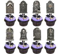 Ephlyn 32Pcs DIY Halloween Tombstone Cupcake Toppers Horrible Gravestone Skeleton Cupcake Picks for Happy Halloween Theme Birthday Party Cake Decorations Supplies