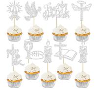 Ephlyn 32Pcs First Holy Communion Cupcake Toppers Glitter Dove Cross God Bless and Baptism Cupcake Picks First Communion Theme Baby Shower Birthday Party Cake Decorations Supplies Silver