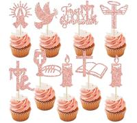 Ephlyn 32Pcs First Holy Communion Cupcake Toppers Glitter Dove Cross God Bless and Baptism Cupcake Picks First Communion Theme Baby Shower Birthday Party Cake Decorations Supplies Rose Gold