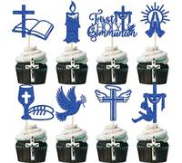 Ephlyn 32Pcs First Holy Communion Cupcake Toppers Glitter Dove Cross God Bless and Baptism Cupcake Picks First Communion Theme Baby Shower Birthday Party Cake Decorations Supplies Royal Blue