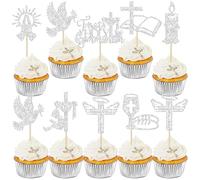 Ephlyn 32Pcs First Holy Communion Cupcake Toppers Glitter Dove Cross God Bless and Baptism Cupcake Picks First Communion Theme Baby Shower Birthday Party Cake Decorations Supplies Silver
