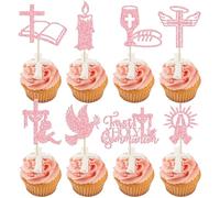 Ephlyn 32Pcs First Holy Communion Cupcake Toppers Glitter Dove Cross God Bless and Baptism Cupcake Picks First Communion Theme Baby Shower Birthday Party Cake Decorations Supplies Pink
