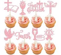 Ephlyn 32Pcs First Holy Communion Cupcake Toppers Glitter Dove God Bless Cross Cupcake Picks for First Communion Baby Shower Baptism Theme Party Cake Decorations Pink