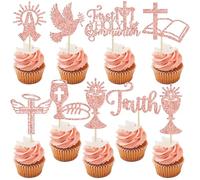 Ephlyn 32Pcs First Holy Communion Cupcake Toppers Glitter Dove God Bless Cross Cupcake Picks for First Communion Baby Shower Baptism Theme Party Cake Decorations Rose Gold