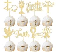 Ephlyn 32Pcs First Holy Communion Cupcake Toppers Glitter Dove God Bless Cross Cupcake Picks for First Communion Baby Shower Baptism Theme Party Cake Decorations Gold