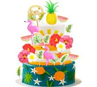 Ephlyn 32Pcs Hawaii Happy Birthday Cake Toppers Summer Cake Decoration Cute Pink Flamingo Figures Pineapple Hibiscus Flower Palm Leaves for Hawaiian Aloha Themed Party Supplies