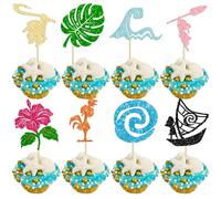 Ephlyn 32Pcs Moana Inspired Cupcake Toppers Glitter Palm Leaf Flower Cupcake Picks Tropical Hawaiian Luau Theme Cake Decorations for Baby Shower Birthday Party Cake Supplies Multi