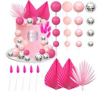 Ephlyn 33 Pack Balls Cake Toppers Boho Palm Leaves Cake Decorations Round Acrylic Happy Birthday Cupcake Toppers for Birthday Wedding Baby Shower Party Supplies Silver Rose Red
