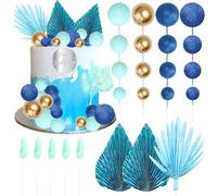 Ephlyn 33 Pack Balls Cake Toppers Boho Palm Leaves Cake Decorations Round Acrylic Happy Birthday Cupcake Toppers for Birthday Wedding Baby Shower Party Supplies Blue