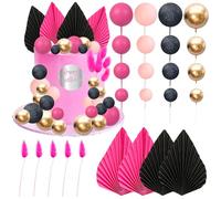 Ephlyn 33 Pack Balls Cake Toppers Boho Palm Leaves Cake Decorations Round Acrylic Happy Birthday Cupcake Toppers for Birthday Wedding Baby Shower Party Supplies Pink Black