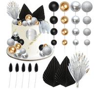 Ephlyn 33 Pack Balls Cake Toppers Boho Palm Leaves Cake Decorations Round Acrylic Happy Birthday Cupcake Toppers for Birthday Wedding Baby Shower Party Supplies Black Silver