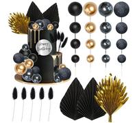 Ephlyn 33 Pack Balls Cake Toppers Boho Palm Leaves Cake Decorations Round Acrylic Happy Birthday Cupcake Toppers for Birthday Wedding Baby Shower Party Supplies Black Gold