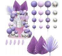 Ephlyn 33 Pack Balls Cake Toppers Boho Palm Leaves Cake Decorations Round Acrylic Happy Birthday Cupcake Toppers for Birthday Wedding Baby Shower Party Supplies Purple