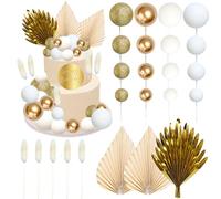 Ephlyn 33 Pack Balls Cake Toppers Boho Palm Leaves Cake Decorations Round Acrylic Happy Birthday Cupcake Toppers for Birthday Wedding Baby Shower Party Supplies Gold White