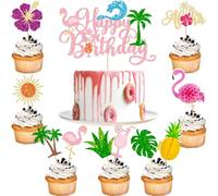 Ephlyn 33Pcs Summer Beach Happy Birthday Cake Topper Tropical Cupcake Toppers Flamingo Flower Palm Tree Cake Decorations for Summer Hawaiian Birthday Party Supplies Pink Multicolor