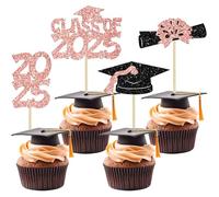 Ephlyn 36Pcs 2025 Graduation Theme Cupcake Toppers Glitter Class of 2025 Congrats Grad Diploma Graduation Cap Cupcake Picks for 2025 Graduation Theme Party Cake Decorations Supplies Rose Gold