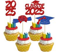 Ephlyn 36Pcs 2025 Graduation Theme Cupcake Toppers Glitter Class of 2025 Congrats Grad Diploma Graduation Cap Cupcake Picks for 2025 Graduation Theme Party Cake Decorations Supplies Red Blue