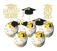 Ephlyn 36Pcs 2026 Graduation Theme Cupcake Toppers Glitter Class of 2026 Cupcake Picks Diploma Grad Cap Cake Decorations for 2026 Graduation Theme Party Supplies Gold