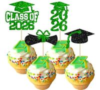 Ephlyn 36Pcs 2026 Graduation Theme Cupcake Toppers Glitter Class of 2026 Cupcake Picks Diploma Grad Cap Cake Decorations for 2026 Graduation Theme Party Supplies Green