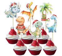 Ephlyn 36Pcs Christmas Dinosaur Cupcake Toppers Picks Xmas Holiday Cupcake Decorations Merry Christmas Theme Holiday Baby Shower Birthday Party Cake Decorations Supplies