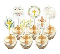 Ephlyn 36Pcs God Bless Cupcake Toppers Cross Floral Baptism Cross Cupcake Pick Decorations for Christian Baby Shower Boys First Communion Party Supplies Gold White