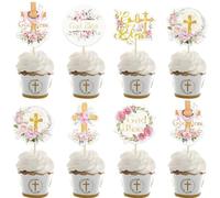 Ephlyn 36Pcs God Bless Cupcake Toppers Cross Floral Baptism Cross Cupcake Pick Decorations for Christian Baby Shower Boys First Communion Party Supplies Gold Pink