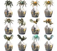 Ephlyn 36Pcs Halloween Cupcake Wrappers Spider Web Laser Cut Paper Liners Holders 36Pcs Slide Bat Cupcake Toppers for Halloween Eve Theme Party Birthday Decor Supplies Black Brown Blue