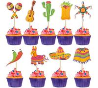 Ephlyn 36Pcs Mexican Fiesta Cupcake Toppers Cactus Donkey Maraca Sombrero Guitar Cupcake Picks Mexican Fiesta Theme Baby Shower Birthday Party Cake Decorations Supplies