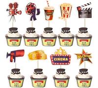 Ephlyn 36Pcs Movie Cupcake Toppers Double Sided Movie Night Roll Glasses Camera Popcorn Cupcake Picks Projector Cake Decorations for Movie Theme Baby Shower Kids Birthday Party Supplies