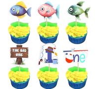 Ephlyn 36Pcs The Big One Cake Topper Fishing Cupcake Topper Ofishally One Cupcake Topper Decorations for Fisherman Birthday Fishing Pole Theme Party Baby Shower Supplies