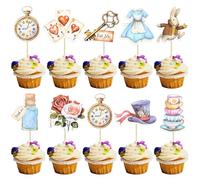 Ephlyn 36Pcs Wonderland Cupcake Toppers Bowl Key Clock Fairy Eat Me Cupcake Picks Cat Bunny Try Me Cake Topper Decorations for Tea Party Baby Shower Kids Girls Birthday Party Supplies