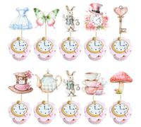 Ephlyn 36Pcs Wonderland Cupcake Toppers Tea Party Cake Decorations Butterfly Flower Bowl Key Clock Eat Me Cupcake Picks for Baby Shower Birthday Kids Birthday Party Decorations